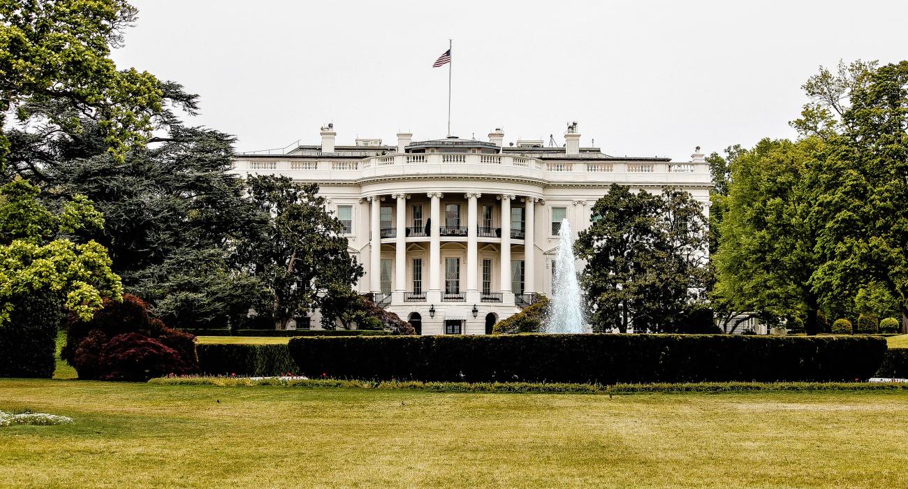 White house with green shrubbery and trees beside it