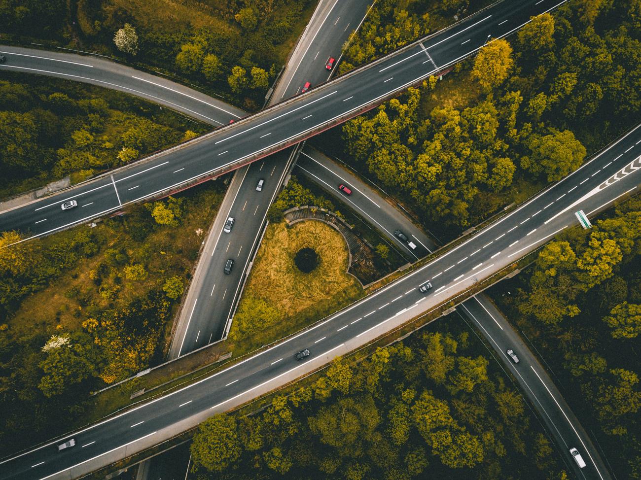 Aerial view of overlapping highways