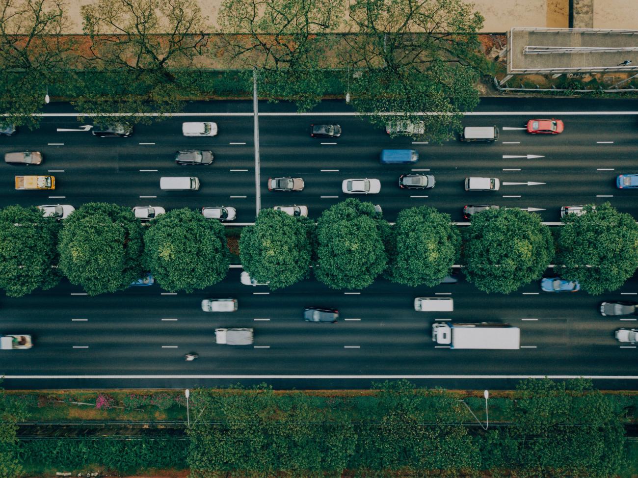 Cars moving on a two way road divided by a strip of trees in the middle
